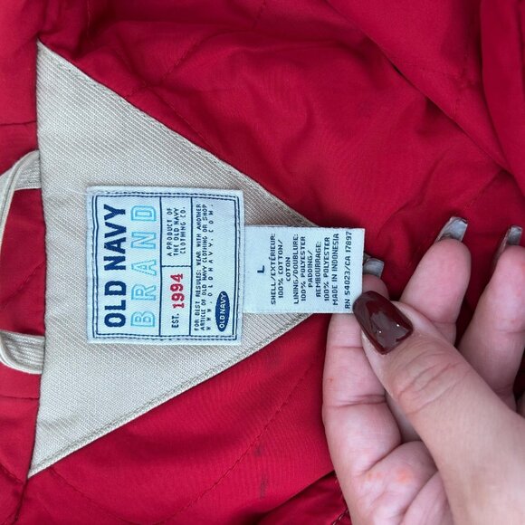 Old Navy Hooded Utility Jacket Womens L Khaki Cargo Quilted Thermal Lined Canvas - Picture 9 of 10